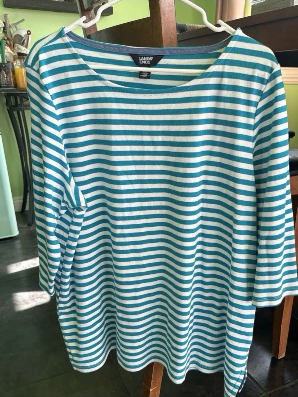 Lands' End Teal and White Striped Boatneck Long Sleeve Top